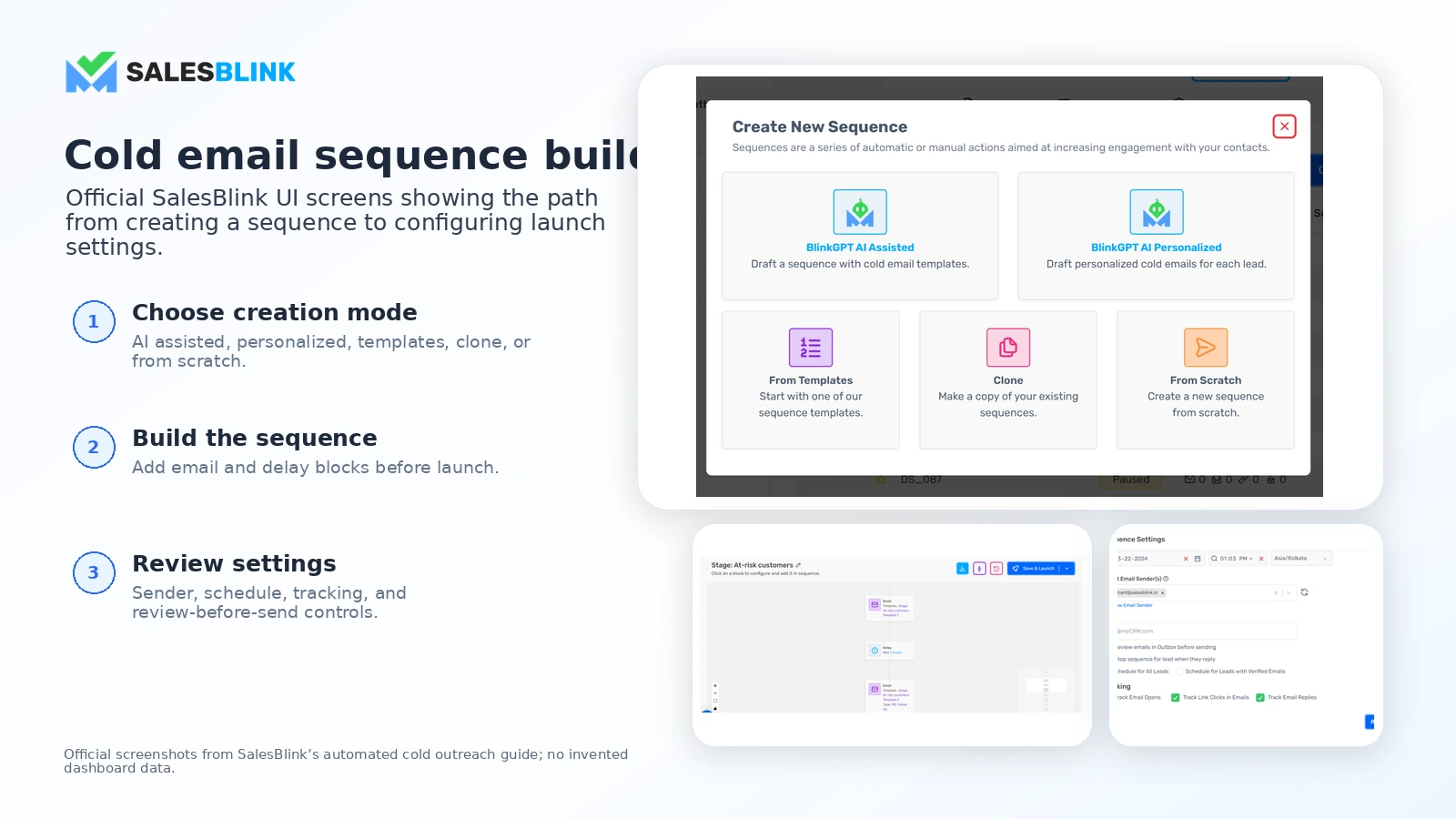 SalesBlink: sequence builder, showing how a buyer creates automated cold email follow-ups before launching outreach