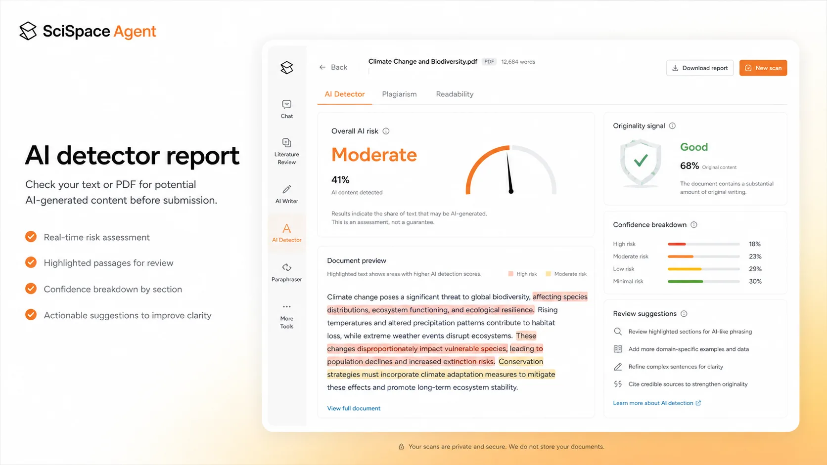 SciSpace: AI detector report, showing how a buyer checks text or PDF content for AI-generated risk before submission