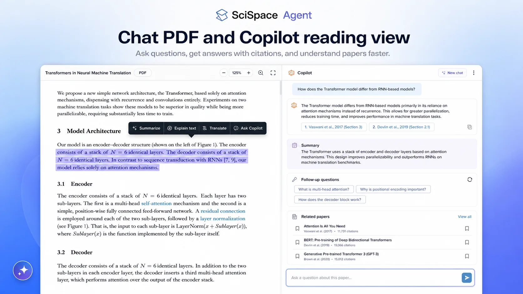 SciSpace: Chat PDF and Copilot reading view, showing how a buyer asks questions about a research paper before relying on summaries