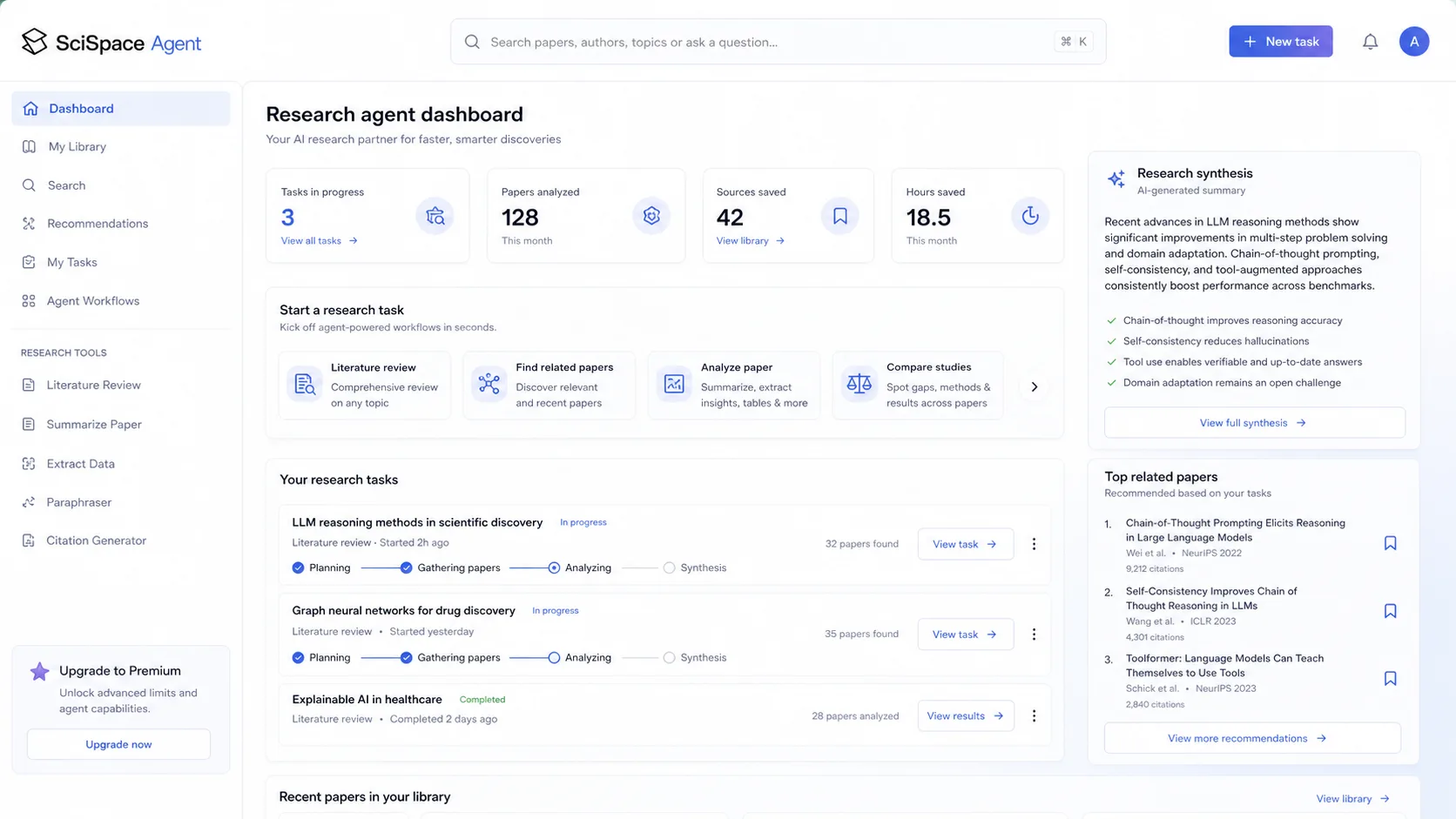 SciSpace: research agent dashboard, showing how a buyer starts academic research tasks and compares workflow depth before choosing a plan