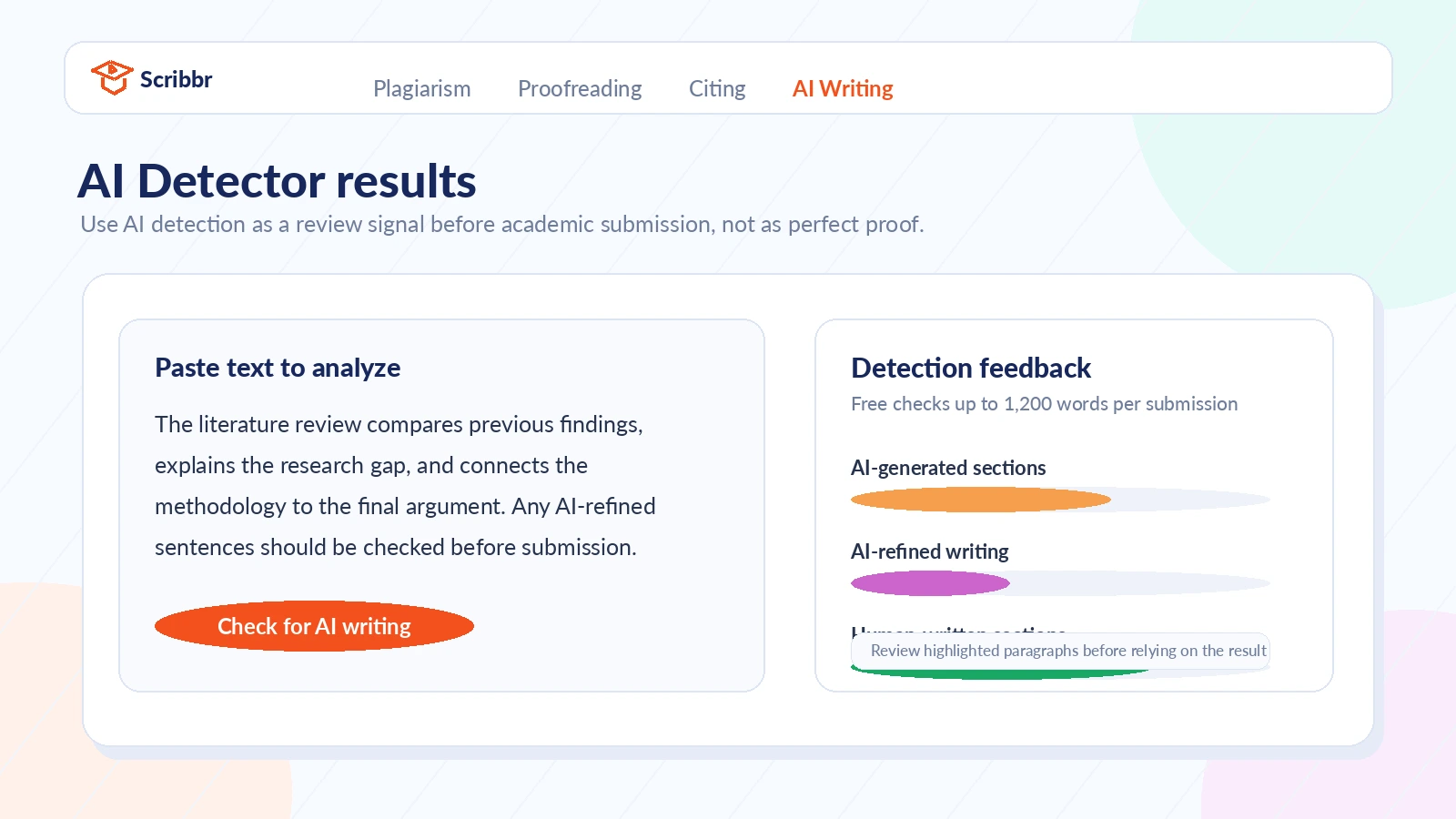 Scribbr: AI detector result screen, showing how a buyer reviews AI-generated and human-written text signals