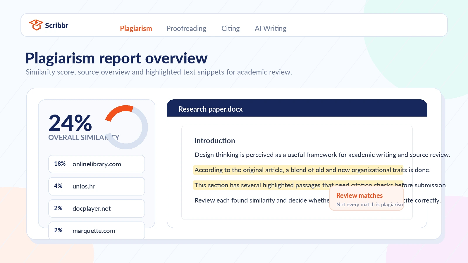 Scribbr: plagiarism report overview, showing similarity score and source review points for a submitted document