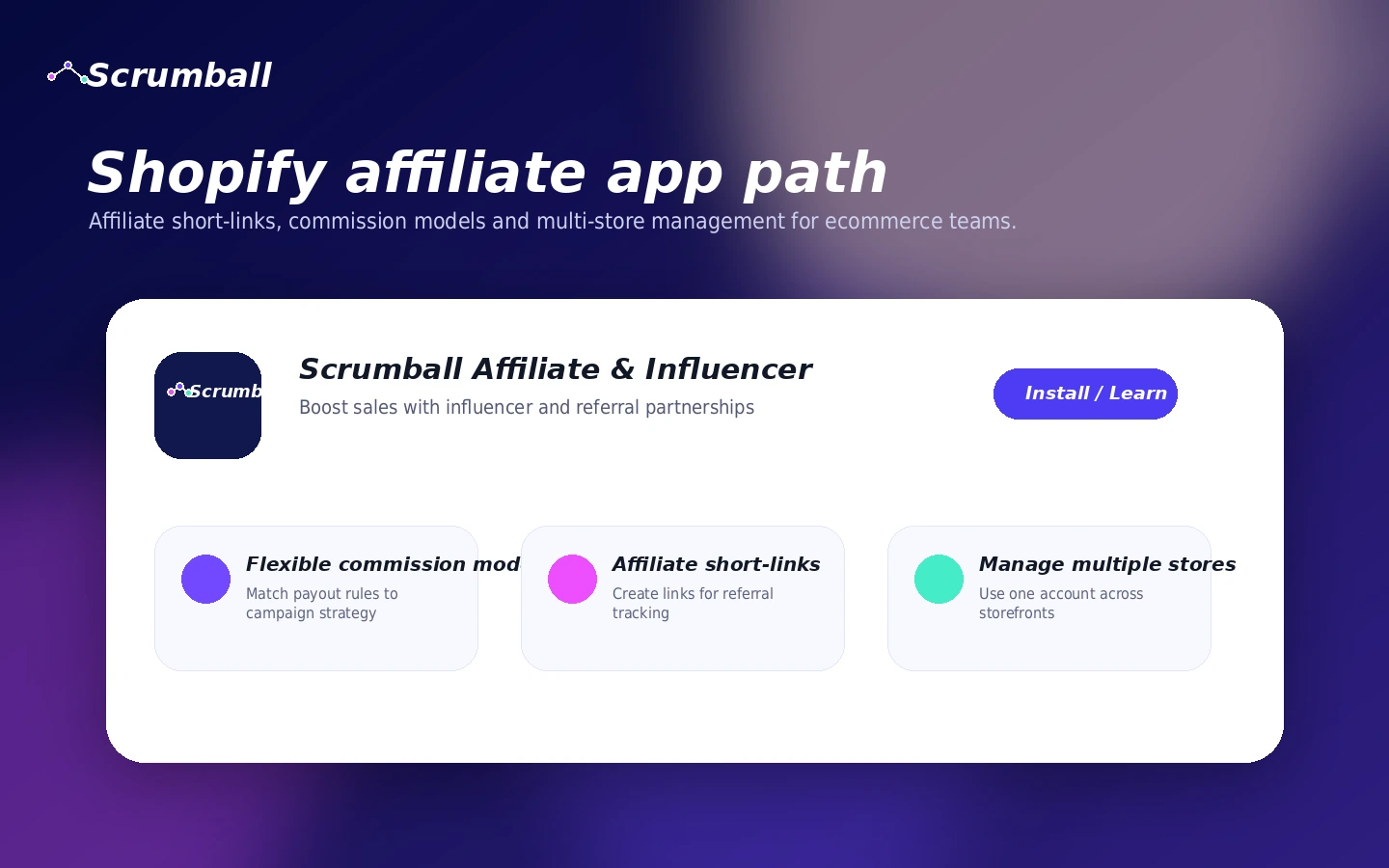 Scrumball: Shopify affiliate app listing, showing store-based influencer and referral partnership pricing