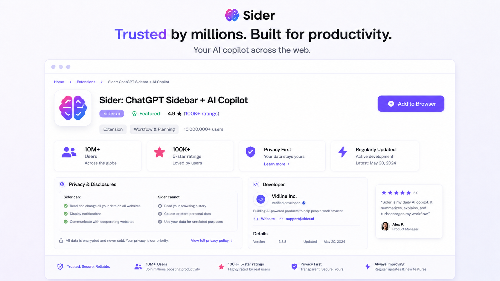 Sider: Chrome Web Store listing, showing buyer-facing ratings, user count, developer details, and extension trust signals
