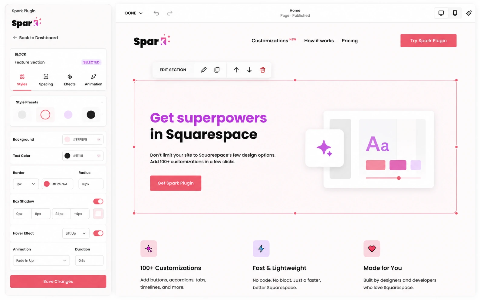 Spark Plugin: block customization interface, showing how a Squarespace block can be styled without manual CSS