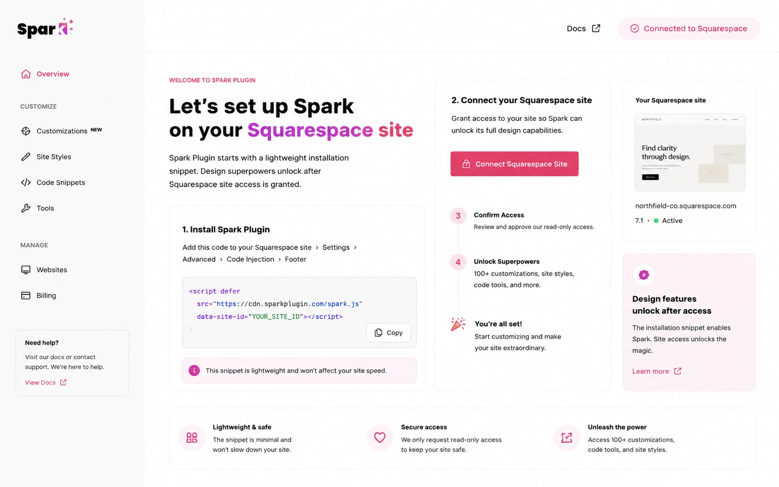 Spark Plugin: dashboard installation code, showing the setup step a Squarespace buyer must complete before using the plugin