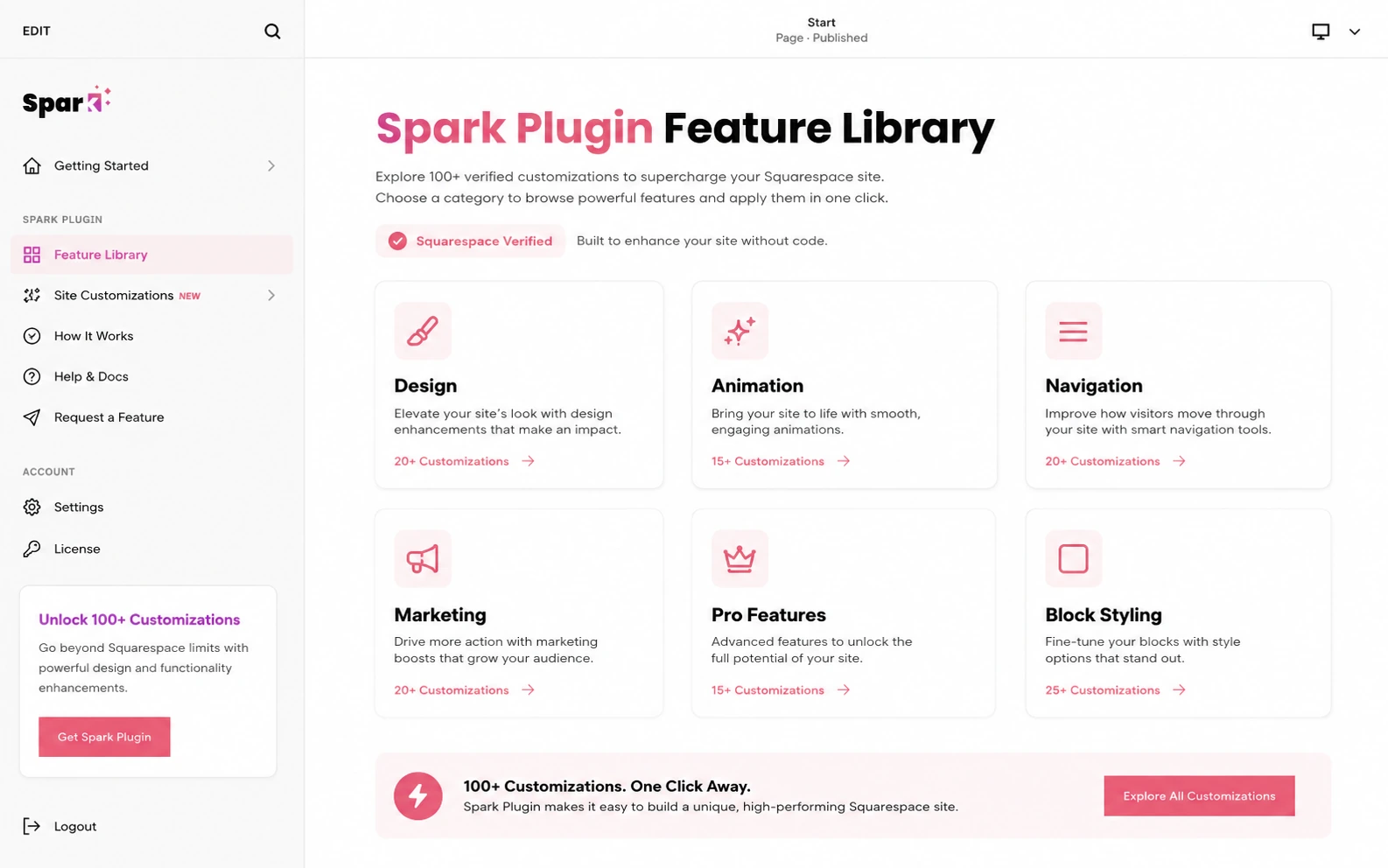Spark Plugin: feature library, showing design, animation, navigation, and marketing customizations a buyer can choose from