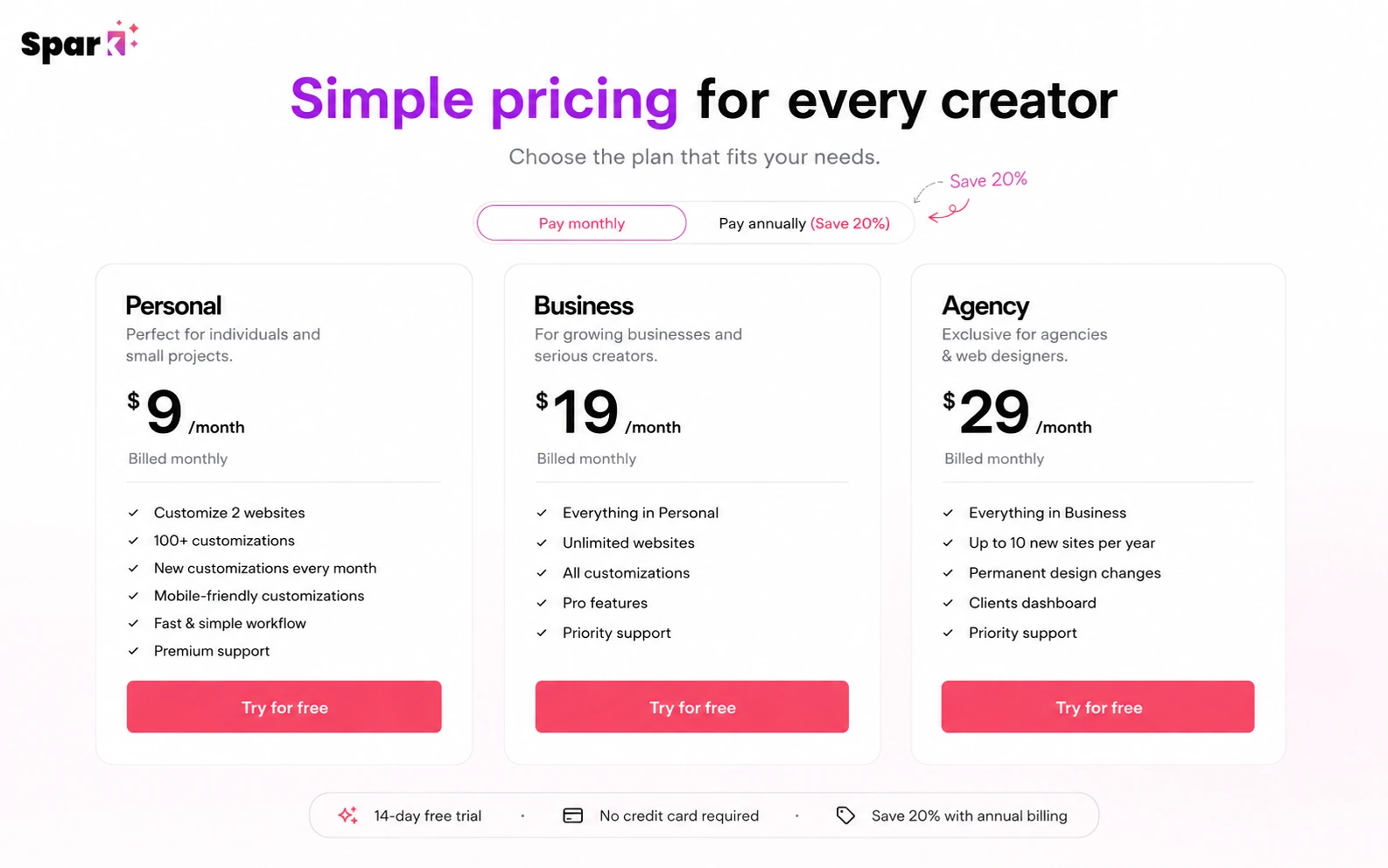 Spark Plugin: pricing plans, showing Personal, Business, and Agency plan choices for Squarespace customization work