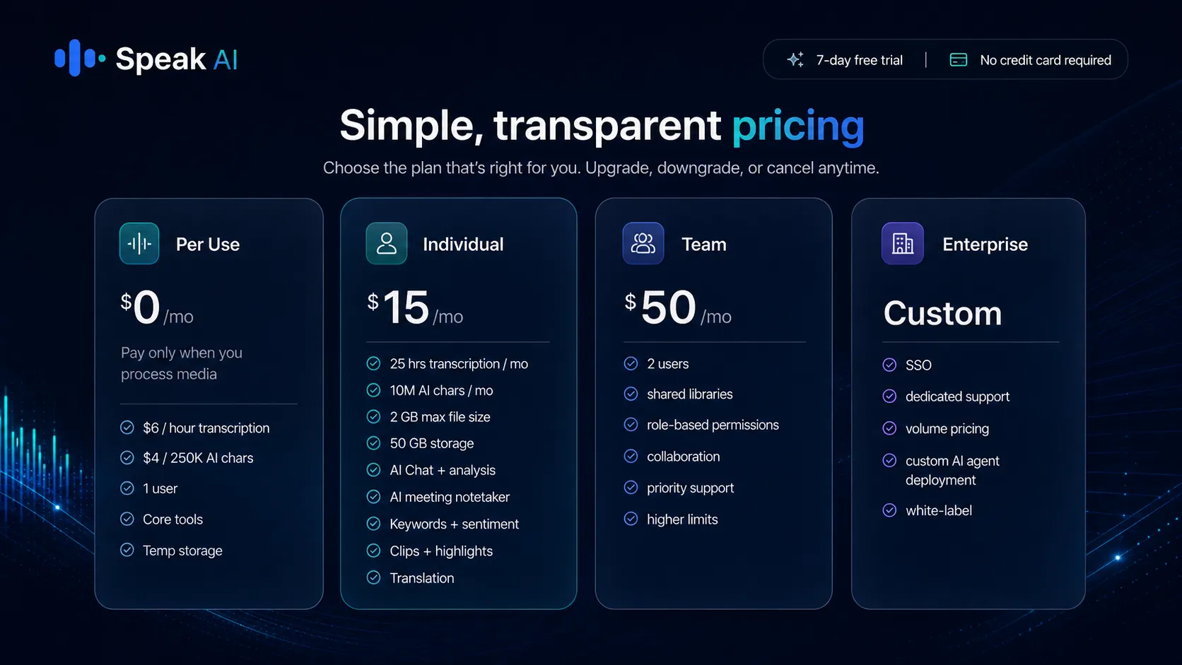 Speak AI: pricing plans, showing Per Use, Individual, Team, and Enterprise paths for transcription buyers