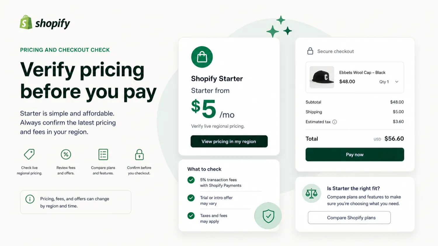 Starter Plan: pricing and checkout check, showing the buyer's need to verify regional price, trial terms, and fees