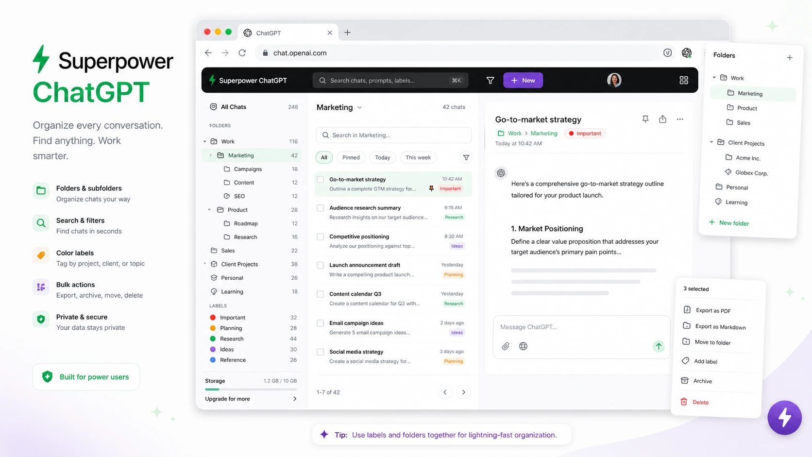 Superpower ChatGPT: conversation folders, showing how a buyer organizes ChatGPT history for faster retrieval