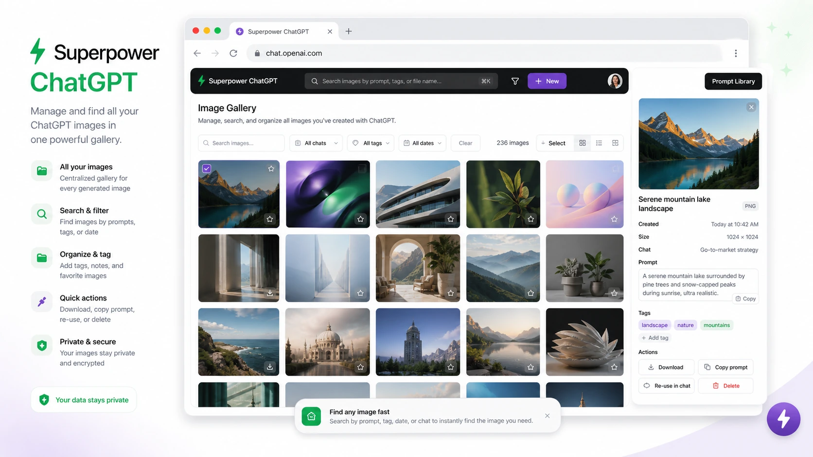 Superpower ChatGPT: image gallery, showing generated images organized for search, review, and download
