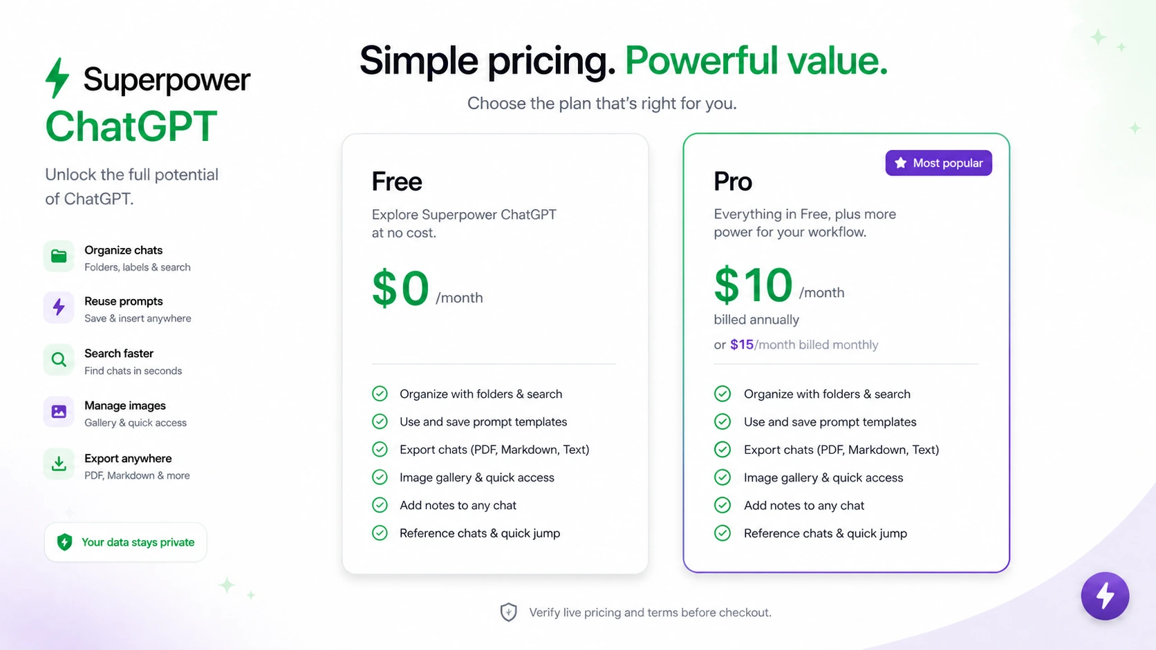 Superpower ChatGPT: pricing plans, showing free and Pro paths for ChatGPT productivity buyers