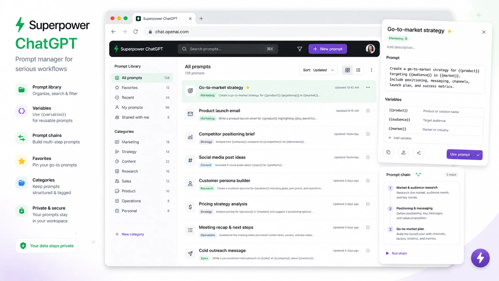 Superpower ChatGPT: prompt manager, showing saved prompts, prompt history, variables, and prompt chain decisions