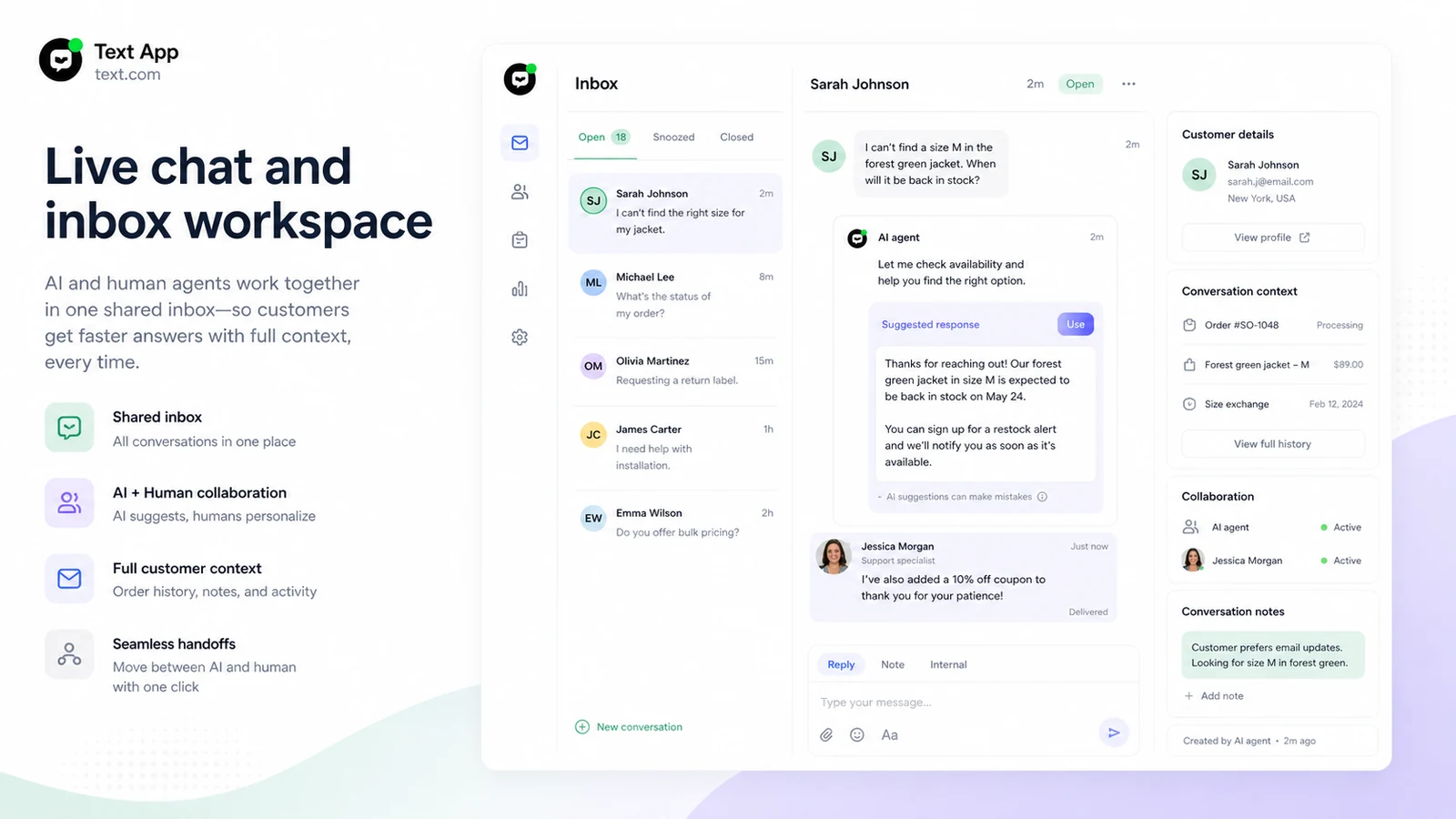 Text App: live chat and inbox workspace, showing customer conversations shared by AI and human agents