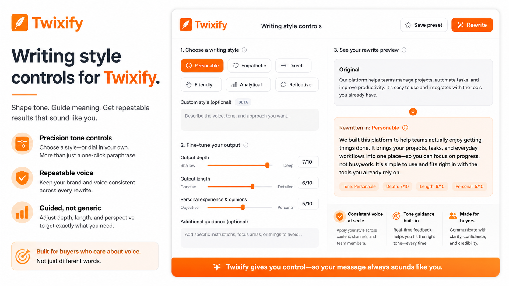 Twixify: writing style controls, showing how a buyer can guide tone, complexity, and personal style before rewriting