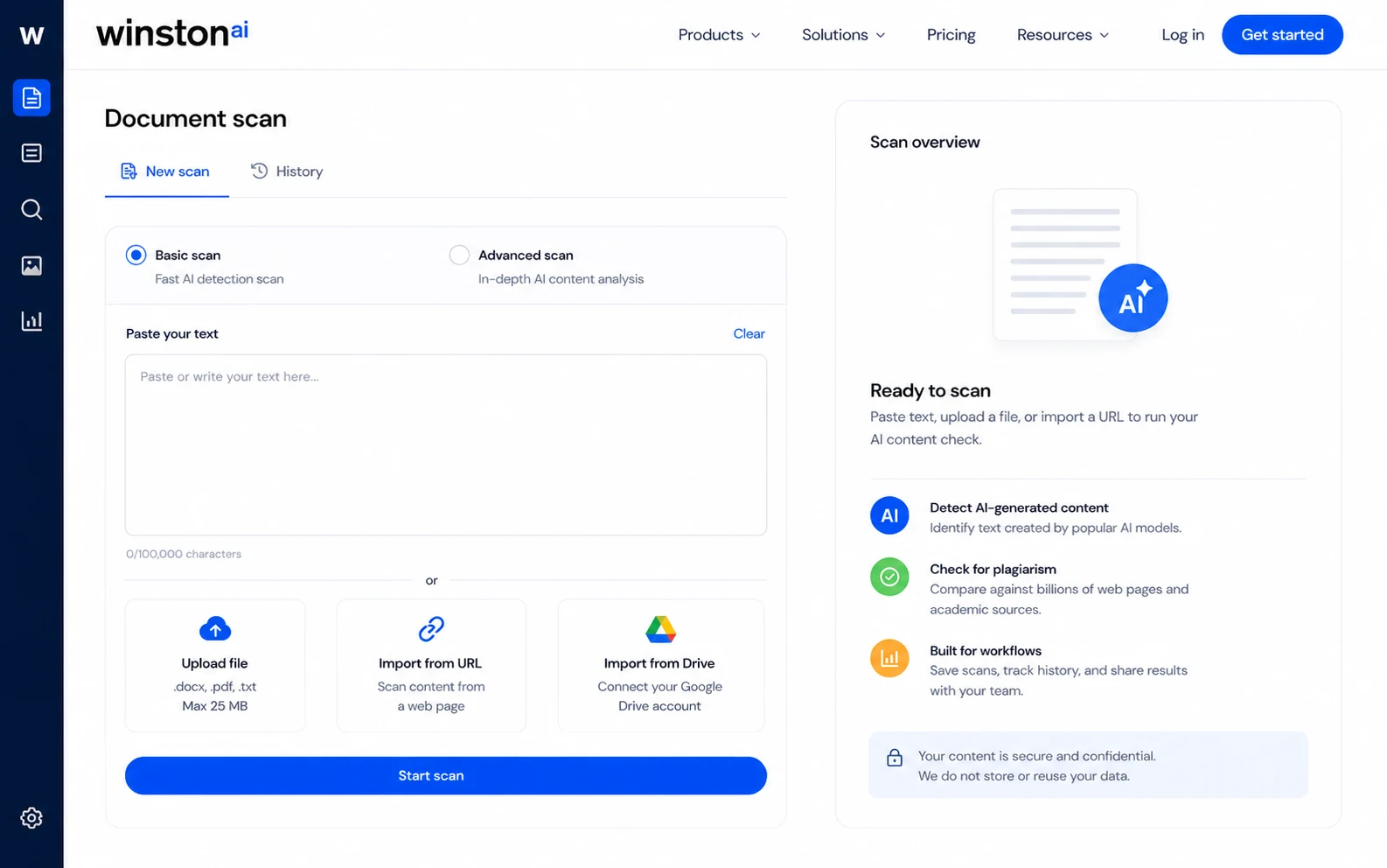 Winston AI: dashboard scan screen, showing how a buyer starts an AI text detection check before reviewing results