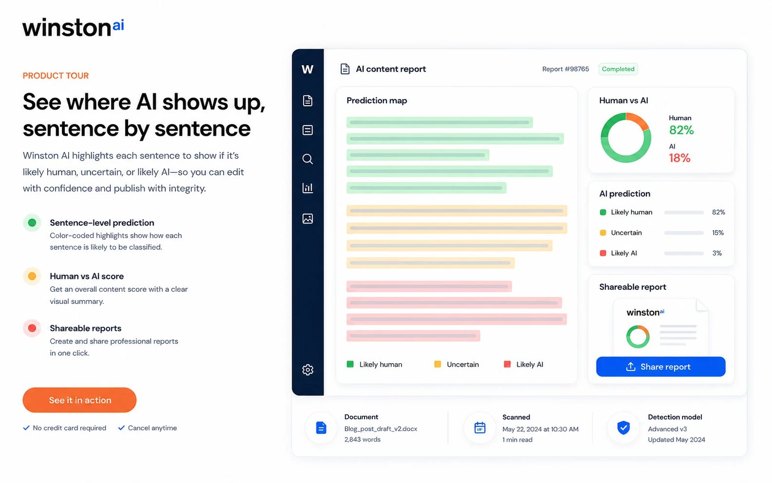 Winston AI: prediction map report, showing sentence-level AI signals and shareable report details