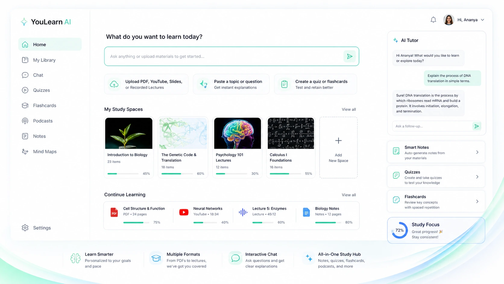 YouLearn AI: study dashboard, showing how a buyer organizes PDFs, YouTube videos, lectures, and notes before learning